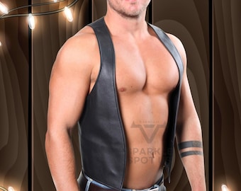 Chaleco de cuero de vaca negro personalizado - Chaleco de bar para hombre hecho a mano