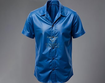 Camicia in pelle di pecora blu fatta a mano: camicia a maniche corte da uomo con bottoni