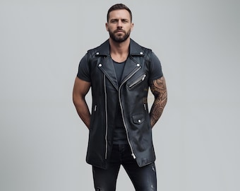 Handmade Men's Black Leather Long Vest: SteamPunk Cosplay Costume, Handmade, Leather Coats, Leather Waistcoat, Custom Clothing