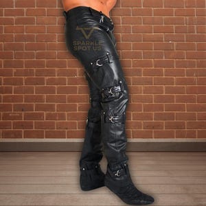 Handmade Black Cow Leather Biker Pants: Dual Zipper, Adjustable Straps image 1