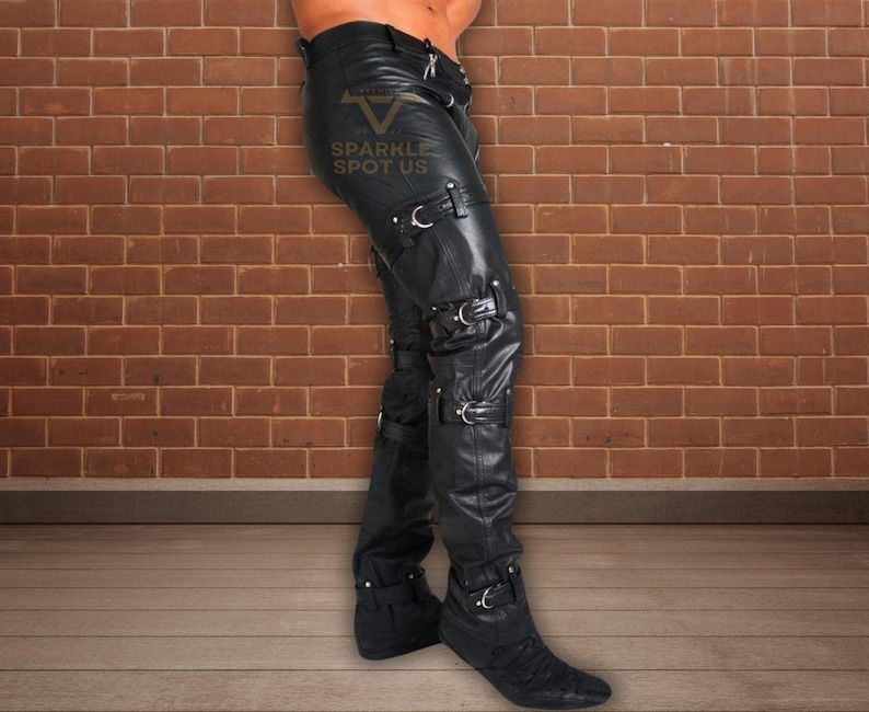 Handmade Black Cow Leather Biker Pants: Dual Zipper, Adjustable Straps image 1