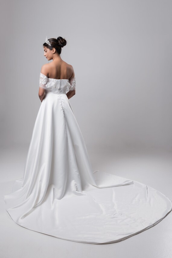 Glamorous and Feminine Wedding Dress. Lace Bardot Neckline and Off-the-shoulder Sleeves. Made in Australia by Designer. - Etsy Glamorous and Feminine Wedding Dress. Lace Bardot Neckline and Off-the-shoulder Sleeves. Made in Australia by Designer. - Etsy