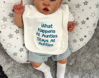 Personalised fun embroidered bib - diff colours - super cute / funny aunt / gran / grandad etc - what happens at .......