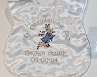 personalised Peter Rabbit Bib - Christening / birth details. / keepsake - any text you wish - embroidered Gift