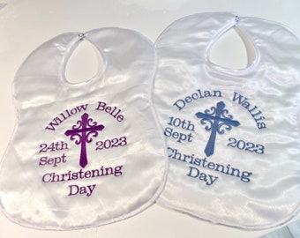 Personalised Satin Baby Christening Baptism Bib - Beautifully Embroidered Gift - quick dispatch