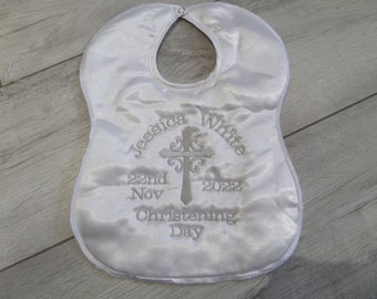 Personalised Satin Christening / Baptism bib - embroidered gift - quick dispatch - diff colours