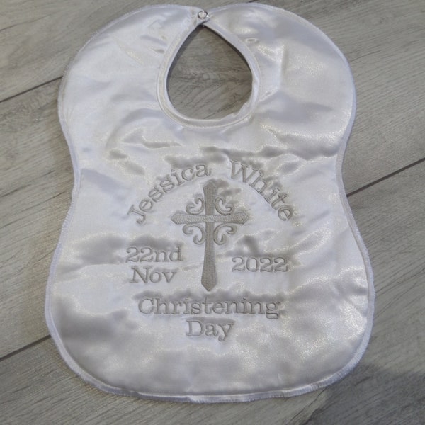 Personalised Satin Christening / Baptism bib - embroidered gift - quick dispatch - diff colours