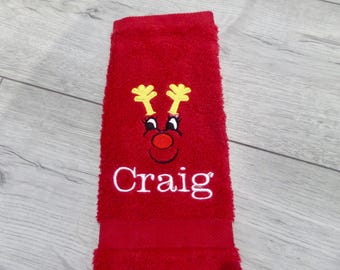Personalised fun Christmas face cloth / super cute reindeer - embroidered gift
