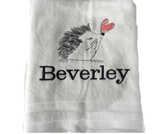 Personalised Hedgehog Bath towel - embroidered gift - FREE POST quick dispatch