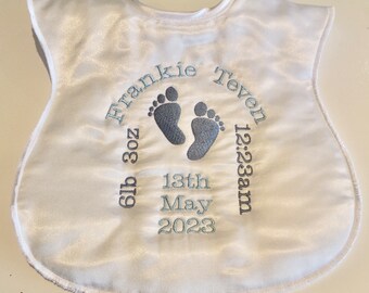 Personalised Baby Satin Bib - Beautifully embroidered with newborn details - cute feet, cute keepsake gift - diff colour - quick dispatch