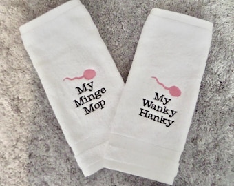 Set of two (his / hers) novelty rude face cloths - perfect for a couples gift - embroidered