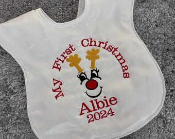 Personalised satin 'my first Christmas' bib - reindeer - embroidered gift - (no stickers)