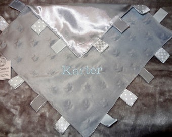 Personalised grey tags blanket - beautifully embroidered gift - quick free dispatch - taggy / comforter