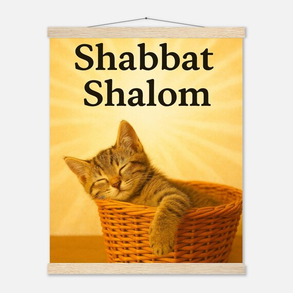 Shabbat Shalom Cat Art Print | Jewish Home Decor with Wooden Hanger