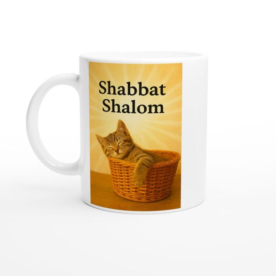 Shabbat Shalom Sunrise Cat Mug | Cozy Ceramic 11oz Coffee Cup | Relaxing Sabbath Gift