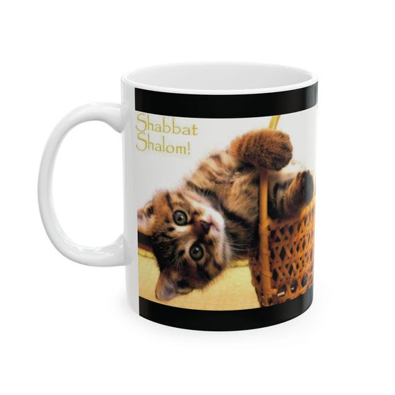 Ceramic Mug, Shabbath Shalom Cat In Basket - Jewish Holiday Gift, Coffee Cup, Tea Mug, Kitchen Decor, Cat Lover Gift, Ceramic Drinkware