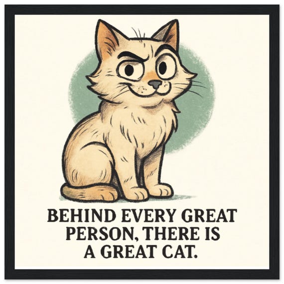 Funny Cat Framed Poster - 'Behind Every Great Person, There's a Great Cat' - Perfect Gift Idea!