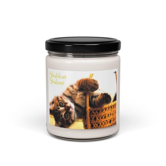 Shabbat Shalom Cat Soy Candle - Cozy Scented Home Decor