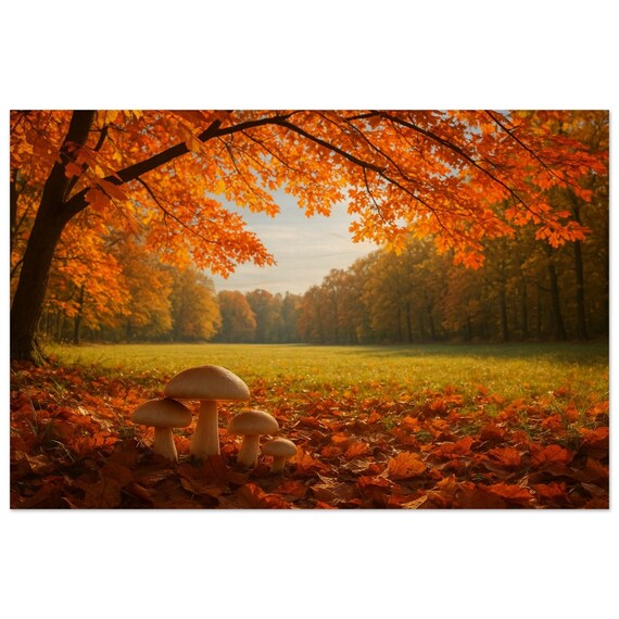 Autumn Forest Wall Art Print – Cozy Fall Landscape with Golden Trees & Mushrooms | Rustic Nature Decor | Woodland Canvas Gift