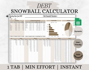 May include: A brown and beige printable debt snowball calculator spreadsheet with a chart and a pie chart. The spreadsheet is labeled "DEBT SNOWBALL CALCULATOR" and has the text "Starting Date: Jun 2023". The spreadsheet is labeled "1 TAB | MIN EFFORT | INSTANT".