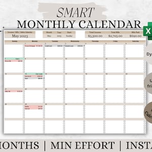 以下が含まれることがあります： ベージュと白のカラーリングで「SMART MONTHLY CALENDAR」というタイトルと2023年5月という月が書かれた、印刷可能な月間カレンダーテンプレートです。カレンダーは、日曜日から土曜日までの列と、月の各日の行があります。収入、請求書、借金の欄があります。カレンダーには、総収入、総請求書、支払われた請求書のセクションも含まれています。「ダイナミック、ユーザーフレンドリー、自動計算」というテキストも含まれています。