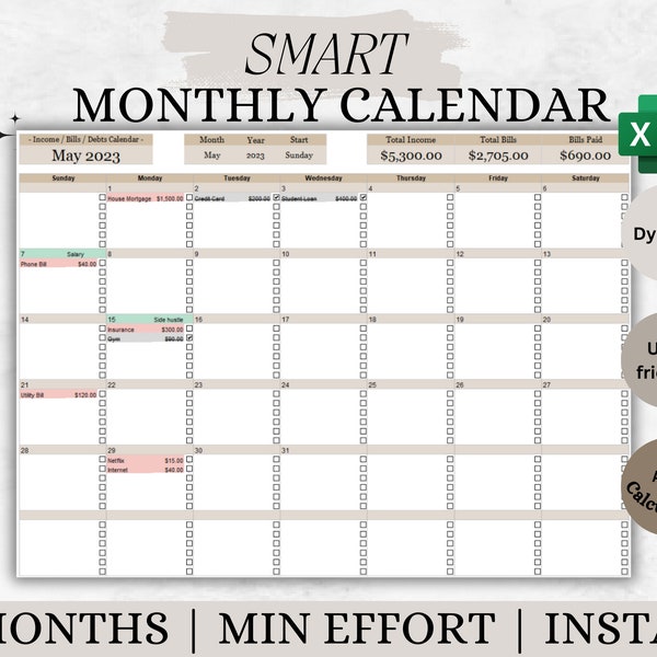 Rekeningenkalender Excel Smart Maandelijkse Kalender Schuldchecklist Rekeningenchecklist Rekeningentracker Schuldtracker 2024 Kalender Bewerkbare spreadsheet Pro