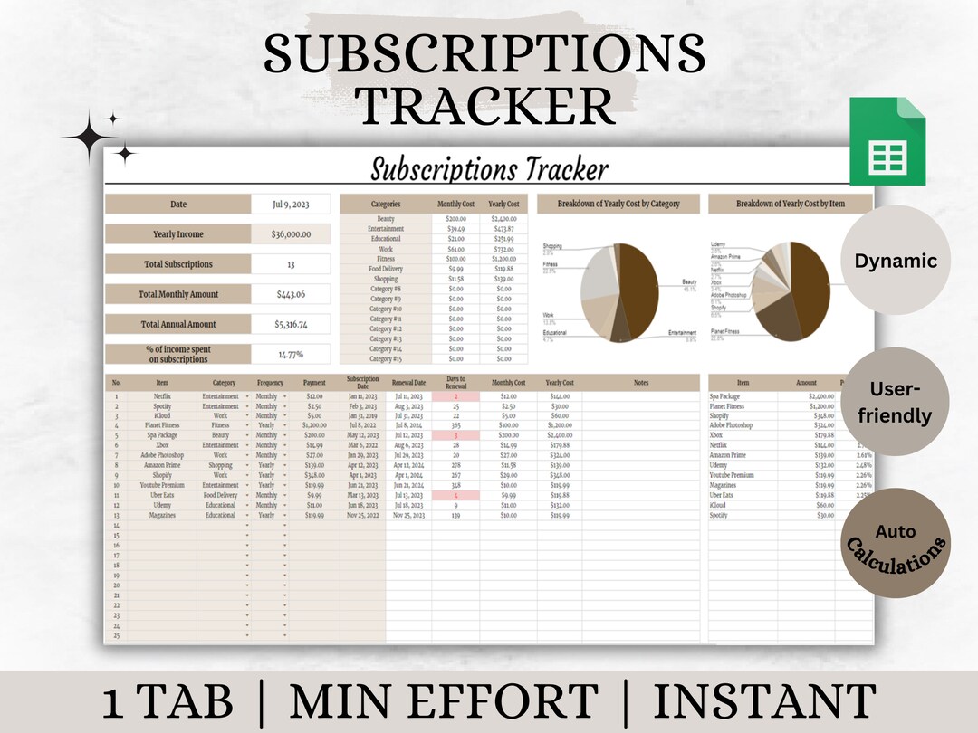 Subscription Tracker Google Sheets Membership Tracker Spreadsheet Bills ...