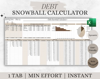 May include: A spreadsheet with a brown and beige color scheme titled "Debt Snowball Calculator". The spreadsheet includes a table with columns for debt name, starting debt, interest rate, monthly payment, interest, and total. The spreadsheet also includes a chart showing the total debt incurred over time. The spreadsheet is labeled "1 TAB | MIN EFFORT | INSTANT".