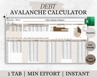 May include: A spreadsheet with a brown and beige color scheme titled "Debt Avalanche Calculator". The spreadsheet includes a debt overview, debt summary, total debt incurred, and debt breakdown. The spreadsheet is designed to help users track and manage their debt.