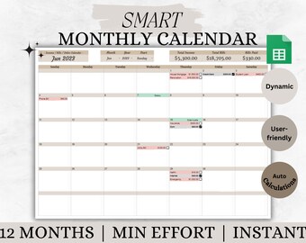 May include: A printable monthly calendar template in a beige and green color scheme. The calendar is designed for tracking income and expenses. The template includes a section for total income, total bills, and bills paid. The calendar is labeled "SMART MONTHLY CALENDAR" and includes the text "12 MONTHS | MIN EFFORT | INSTANT".