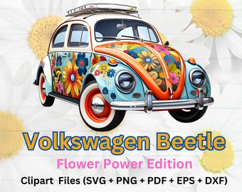 1961 Volkswagen Beetle, Clipart, Vector Graphic, Instant Download, svg, png, pdf, eps, Vintage, Classics, Commercial Use, Flower Power