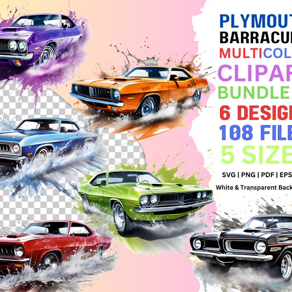 Plymouth Barracuda, Plymouth Cuda, Multicolor Clipart Bundle, Vector Graphic, Instant Download, svg, png, pdf, Vintage, Ready to Print