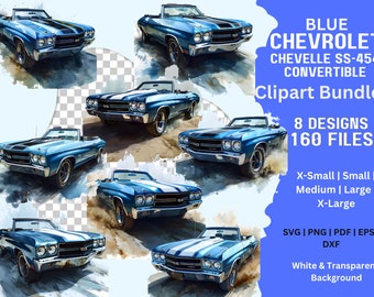 Blue Chevrolet Chevelle SS-454 Convertible, Clipart Bundle, Vector Graphic, Instant Download, svg, png, pdf, eps, Vintage, Ready to Print