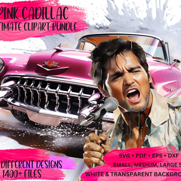 Pink Cadillac, Classic Car, Vintage Car, Ultimate Clipart Bundle, Elvis Car, Barbie Car, Ready to Print, SVG, png, eps, dxf, commercial use