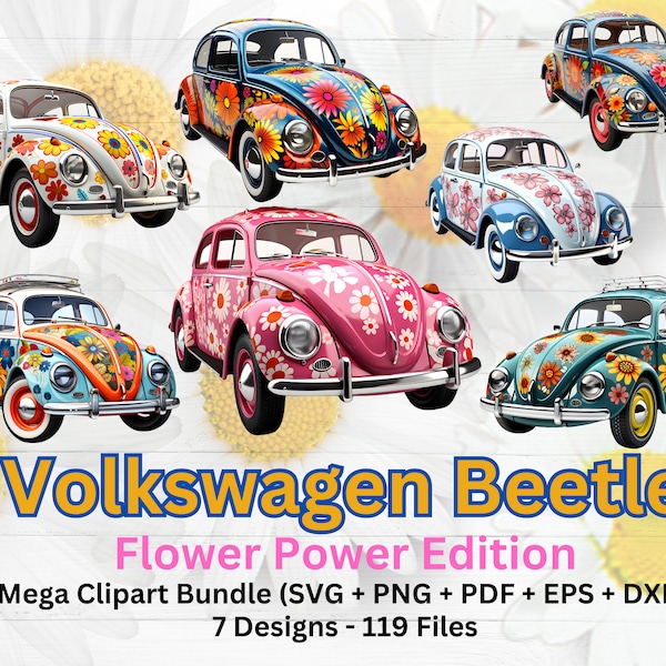 1960's Volkswagen Beetle Flower Power Bundle, Clipart, Vector Graphic, Instant Download, svg, png, pdf, eps, Vintage Cars, Classic Cars