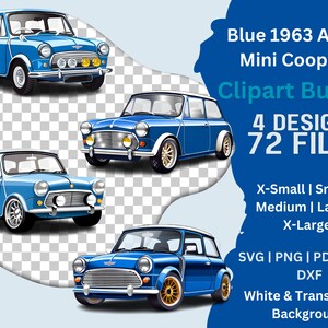 Azul 1963 Austin Mini Cooper S, Paquete de imágenes prediseñadas, Gráfico vectorial, Descarga instantánea, svg, png, pdf, eps, Vintage, Clásicos, Listo para imprimir