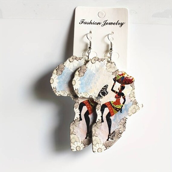 Wooden African Map Earrings - Ethnic Style Drop Earrings For Women & Girls