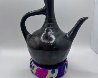 Eritrean and Ethiopian traditional coffee pot Jebena | hand made Habesha pottery clay coffee pot ጀበና with Jebena holder