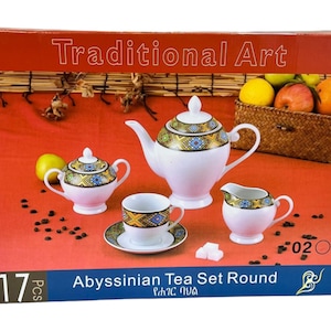 Habesha Traditional Zuria Tilet design 17 pieces Tea Sets | Eritrean and Ethiopian tea serving ceramic pots and cups