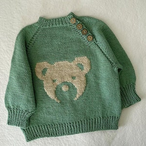 Pode incluir: Um suéter de malha verde com um desenho de urso bege na frente. O suéter tem gola alta e detalhe de botões no ombro.