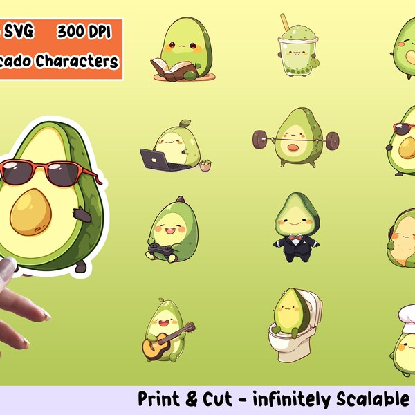 Funny Avocado PNG Pack, Avocado Sticker Set, Avocado PNG, Sticker Design, Avocado Clipart Bundle, Avocado SVG, Avocado Stickers pack