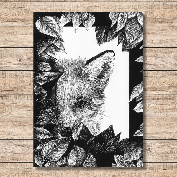 Fox Greetings Card | Hand Drawn Illustrated Print |Contemporary Black and White Print | Wildlife Card | Blank Card | Fox Lover | Hand Made