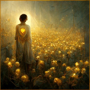 May include: A woman in a flowing white dress stands in a field of glowing yellow flowers. The woman has a heart-shaped light glowing on her chest.
