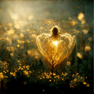 May include: A glowing heart-shaped light emanates from a tree in a field of yellow wildflowers. The light is a soft, golden color and creates a magical atmosphere.