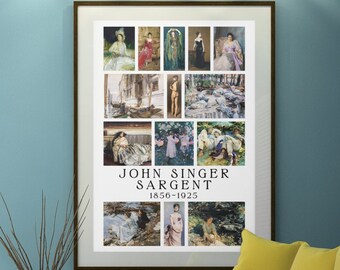 John Singer Sargent. Huge 24x36 inch poster print with 14 classic Sargent paintings. 12x18 also available, Carnation, Lily, Lily, Rose