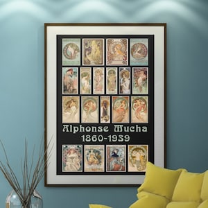 Alphonse Mucha. Huge 24x36 inch poster print with 19 classic Mucha, Art Nouveau designs. 12x18 also available
