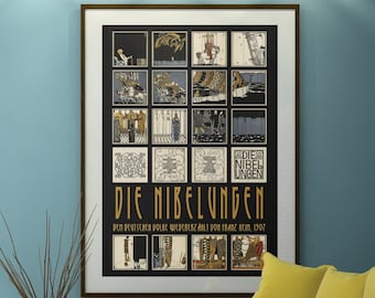 Die Nibelungen, Carl Otto Czeschka, Art Nouveau, Grande pôster de 24 x 36 polegadas, Mitologia nórdica viking, Ilustração vintage 12x18 também disponível