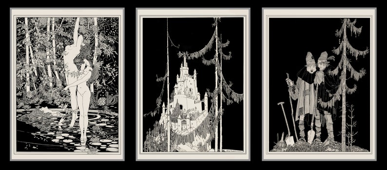Pode incluir: Tr&ecirc;s ilustra&ccedil;&otilde;es em preto e branco em molduras. A primeira mostra uma mulher em p&eacute; numa floresta com um lago. A segunda mostra um castelo numa colina com &aacute;rvores em primeiro plano. A terceira mostra dois homens em p&eacute; numa floresta com uma p&aacute; e um pau.