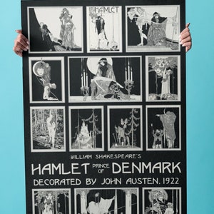 Pode incluir: Um p&ocirc;ster preto e branco com ilustra&ccedil;&otilde;es de Hamlet, pr&iacute;ncipe da Dinamarca de William Shakespeare. O p&ocirc;ster &eacute; decorado por John Austen em 1922.