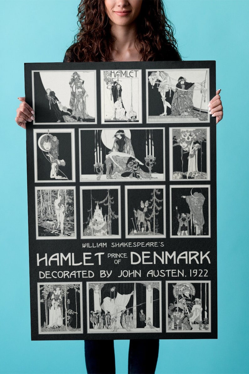 Pode incluir: Um p&ocirc;ster preto e branco com ilustra&ccedil;&otilde;es de Hamlet, pr&iacute;ncipe da Dinamarca de William Shakespeare. O p&ocirc;ster &eacute; decorado por John Austen em 1922.